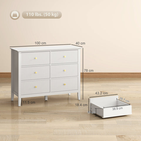 HOMCOM fluted dresser with six drawers features vertical ribbed paneling small yellow knobs and adjustable feet in white