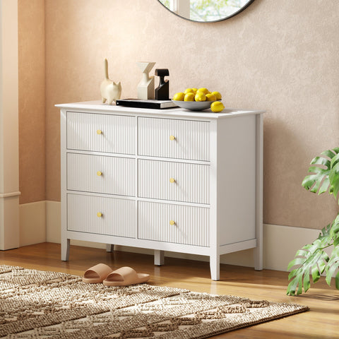 White homcom fluted dresser with six drawers and gold handles bring stylish storage to living room or bedroom