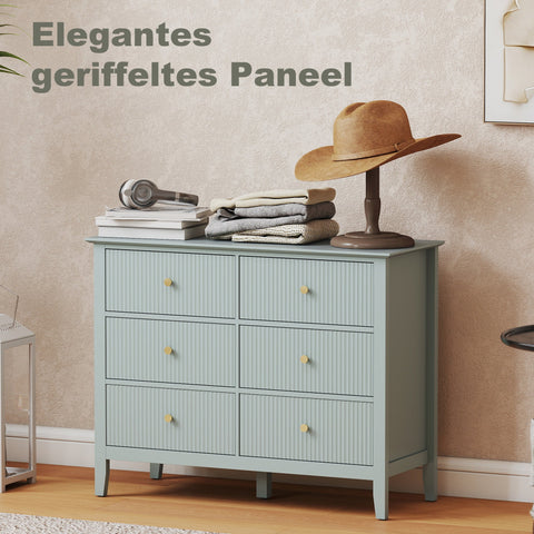 Light blue homcom fluted dresser with six drawers and gold tone handles for bedroom and living room use