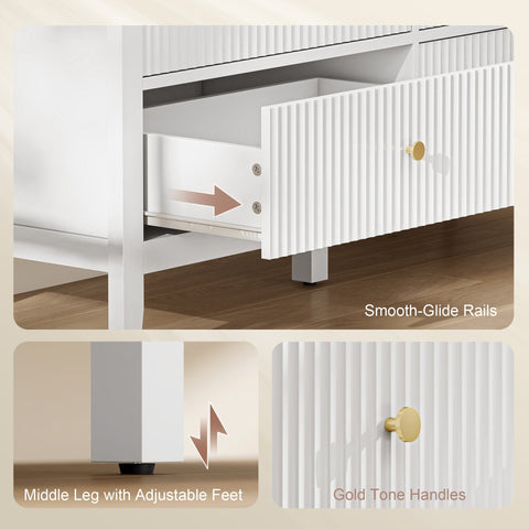 White homcom fluted dresser with six drawers, vertical ribbed texture, gold tone handles bring style and adjustable feet