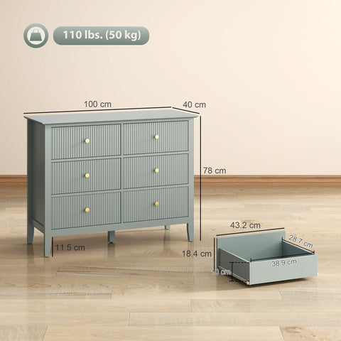 Gray homcom fluted dresser with six drawers and gold tone handles perfect for bedroom or living room storage