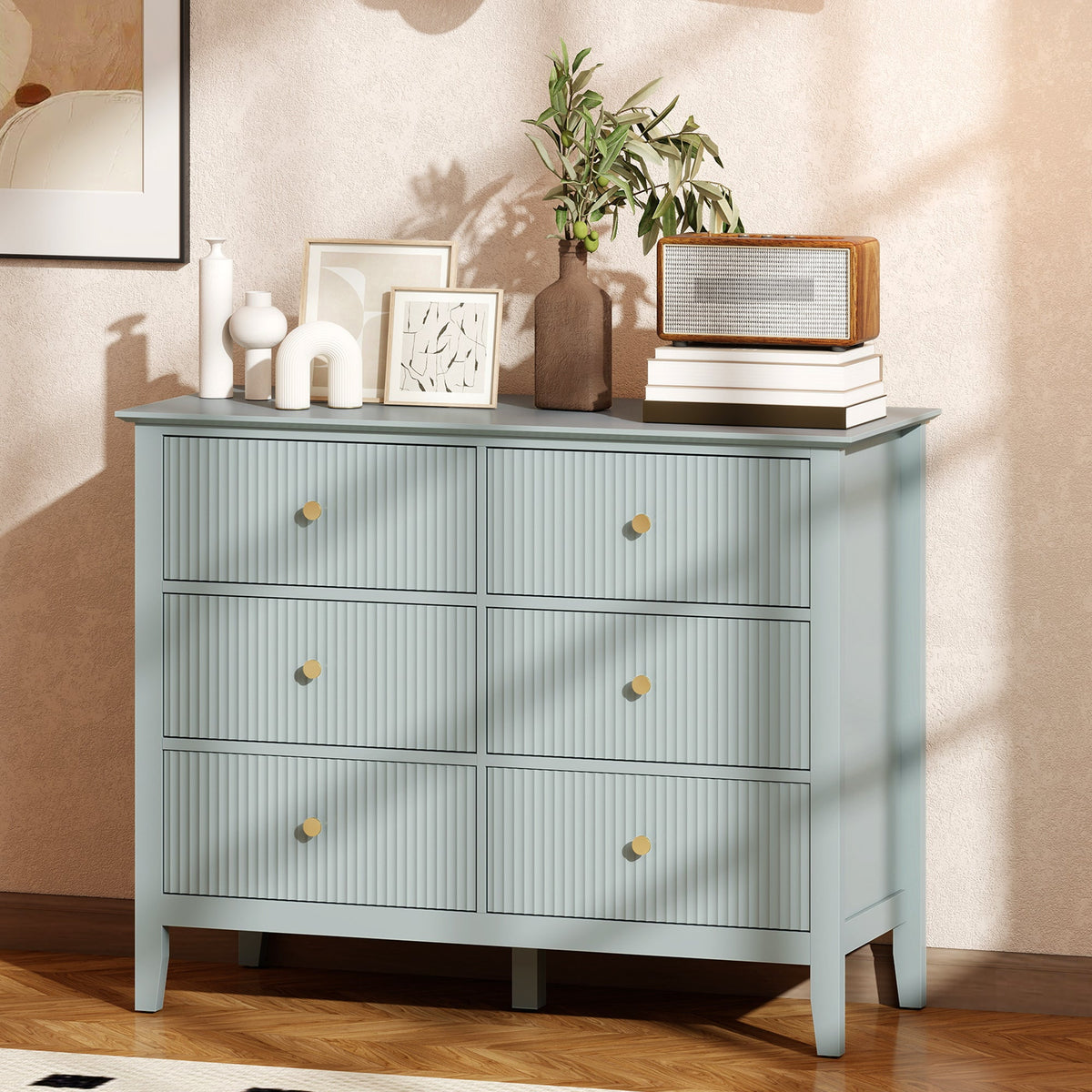 Light blue wooden homcom fluted dresser with six drawers and gold tone handles for bedroom or hallway use