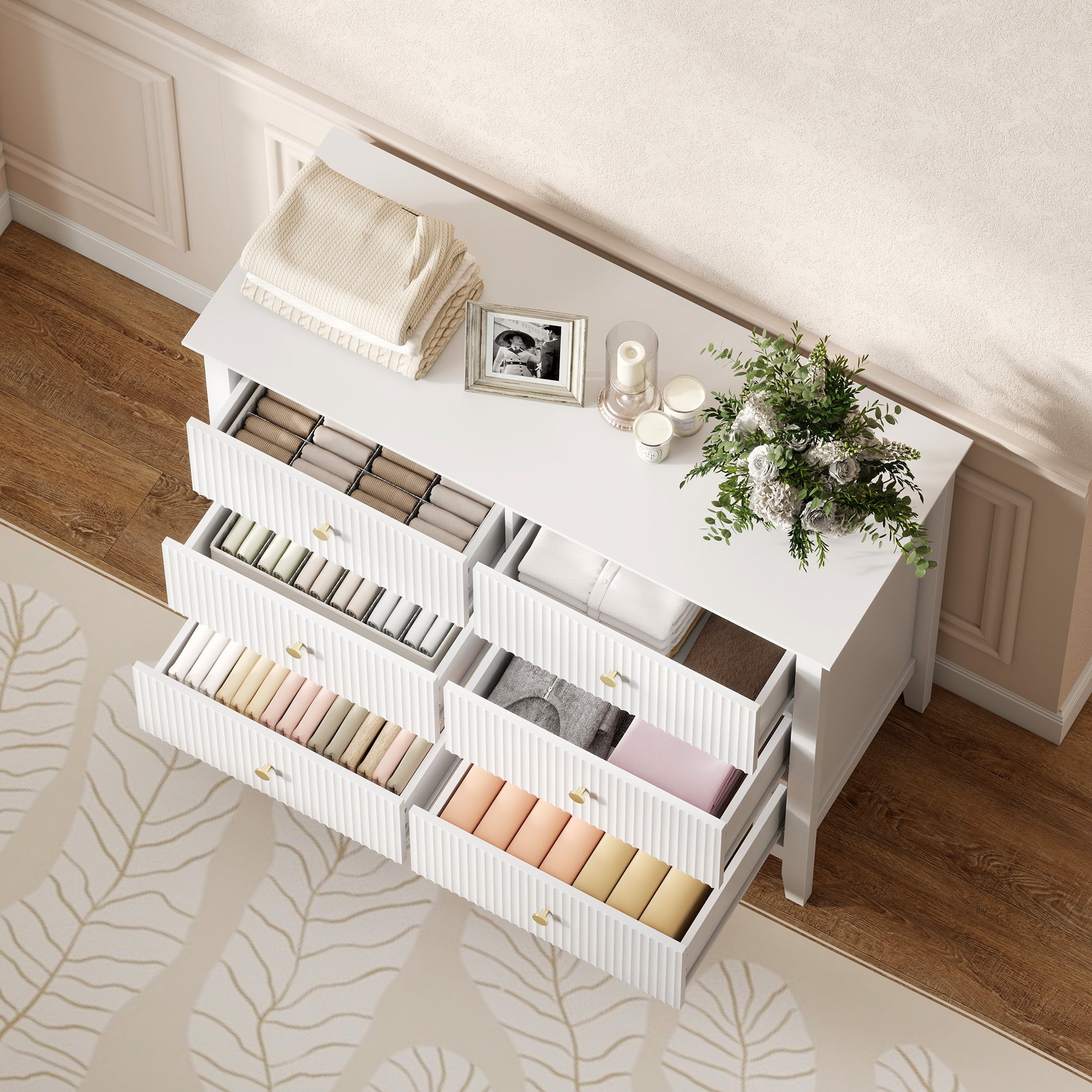 White homcom fluted dresser with six drawers and gold-tone handles bring style and adjustable feet for stability