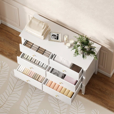 White homcom fluted dresser with six drawers and gold-tone handles bring style and adjustable feet for stability