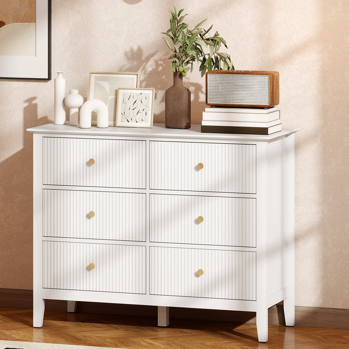 White homcom fluted dresser with six drawers and gold-toned handles bring style to your living room or bedroom
