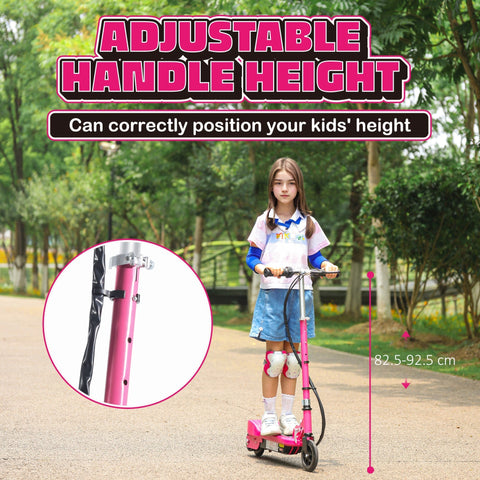 Pink homcom foldable electric scooter for kids with adjustable metallic handlebar and black grip suitable for public roads