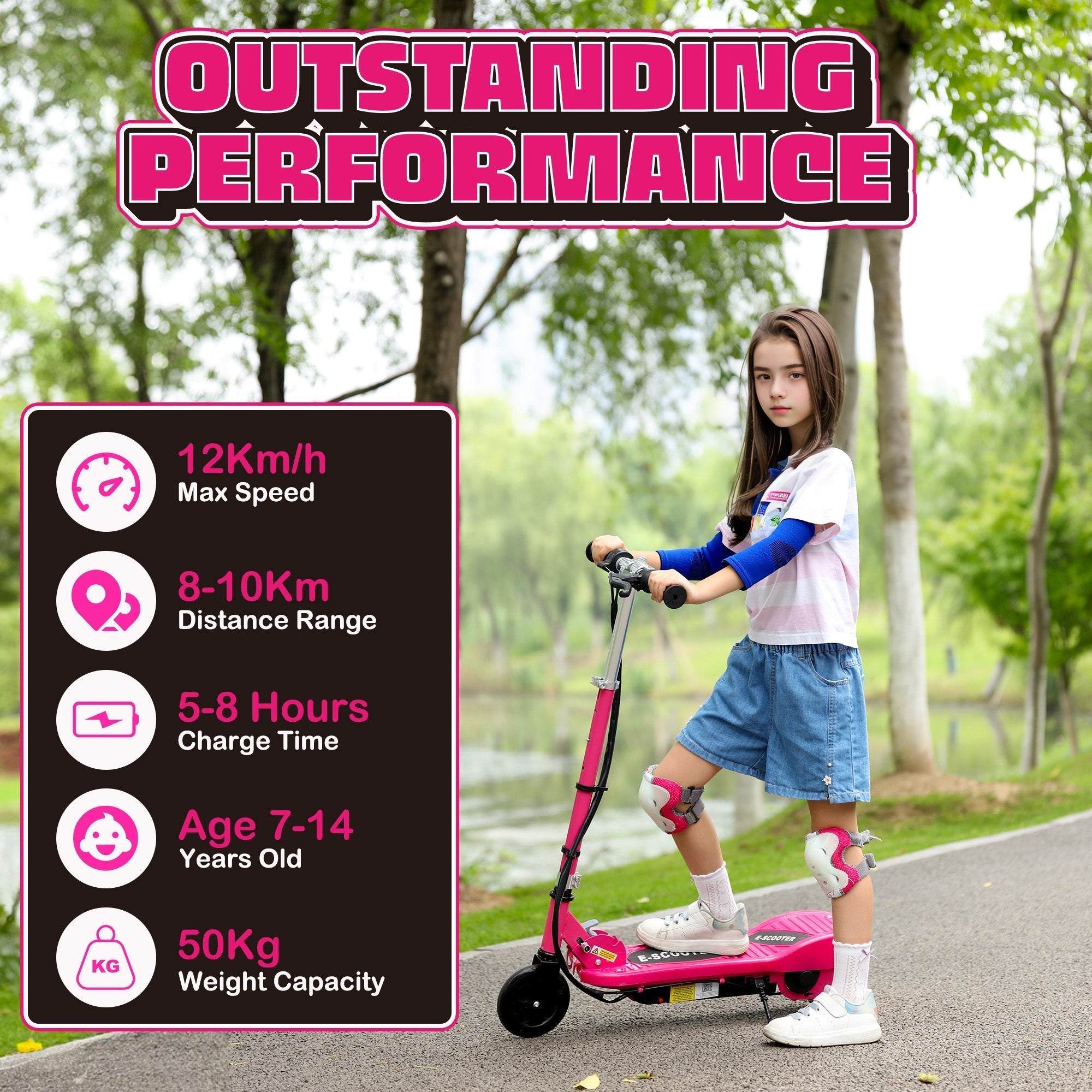 Pink HOMCOM foldable electric scooter with black handlebars designed for kids 7-14 for private land or public roads