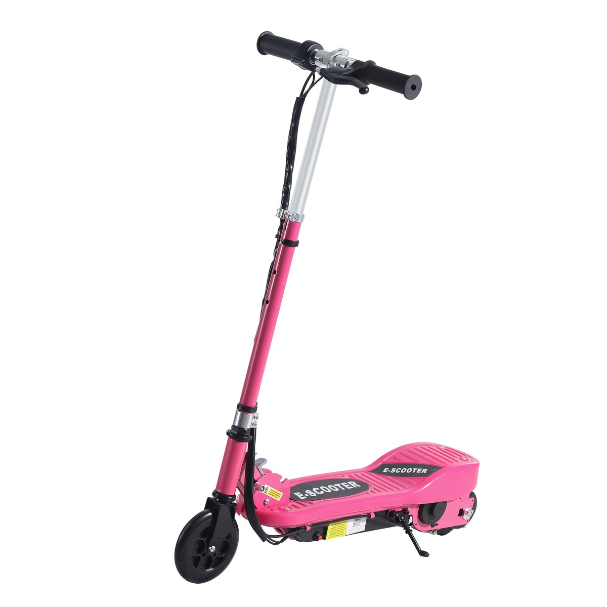 Pink HOMCOM foldable electric scooter with black handlebars and wheels features sleek metallic frame for kids ages 7-14 with quick charging time