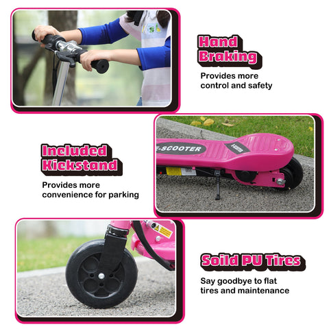 Pink homcom foldable electric scooter for kids with black handles, solid pu tires, kickstand, great for public roads and quick charging time