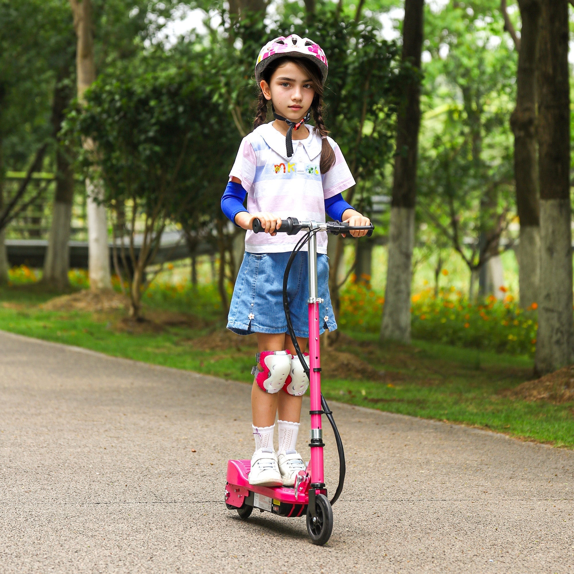 Pink homcom foldable electric scooter for kids with black handlebars and wheels ideal for public roads and quick charging time