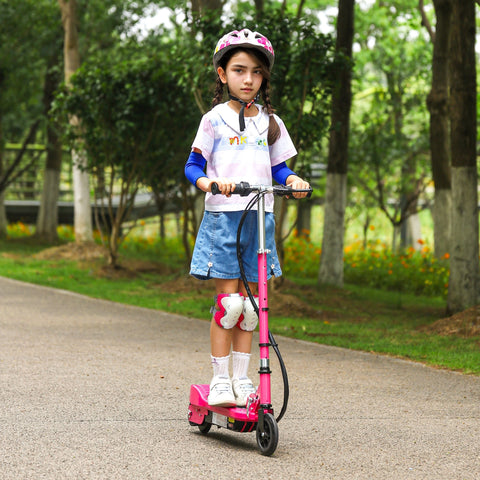 Pink homcom foldable electric scooter for kids with black handlebars and wheels ideal for public roads and quick charging time