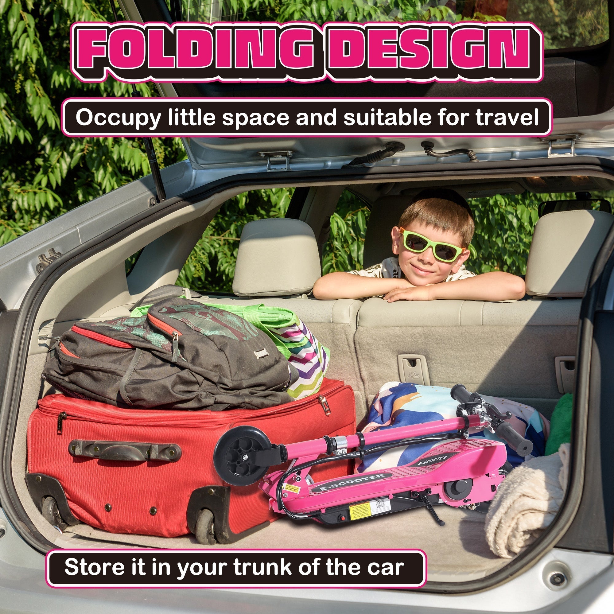 Pink homcom foldable electric scooter with black wheels and handlebars for kids 7-14 safe on private land or public roads