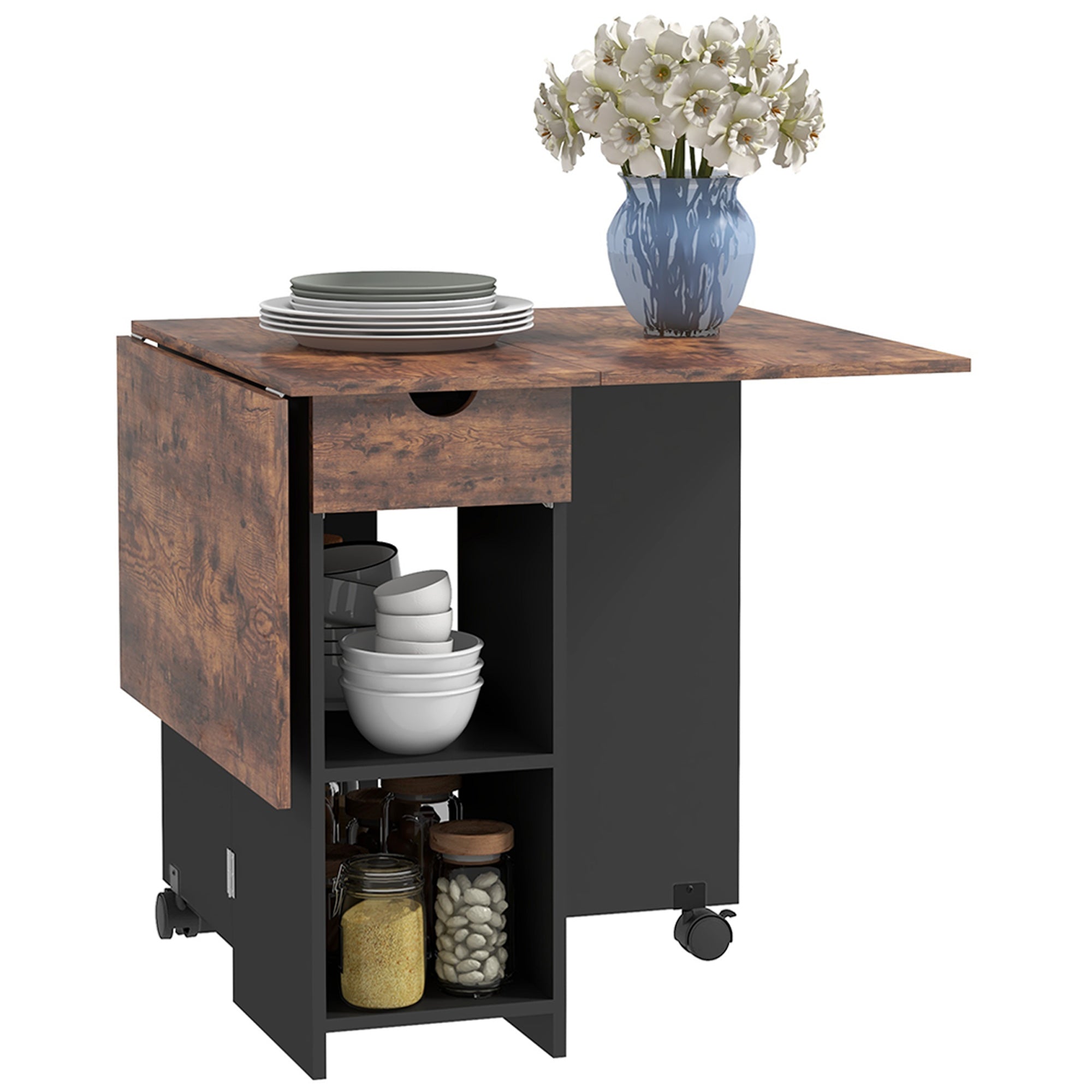 Homcom black and rustic wood drop leaf table with drawer and wheels 72w x 75hcm for small kitchen spaces