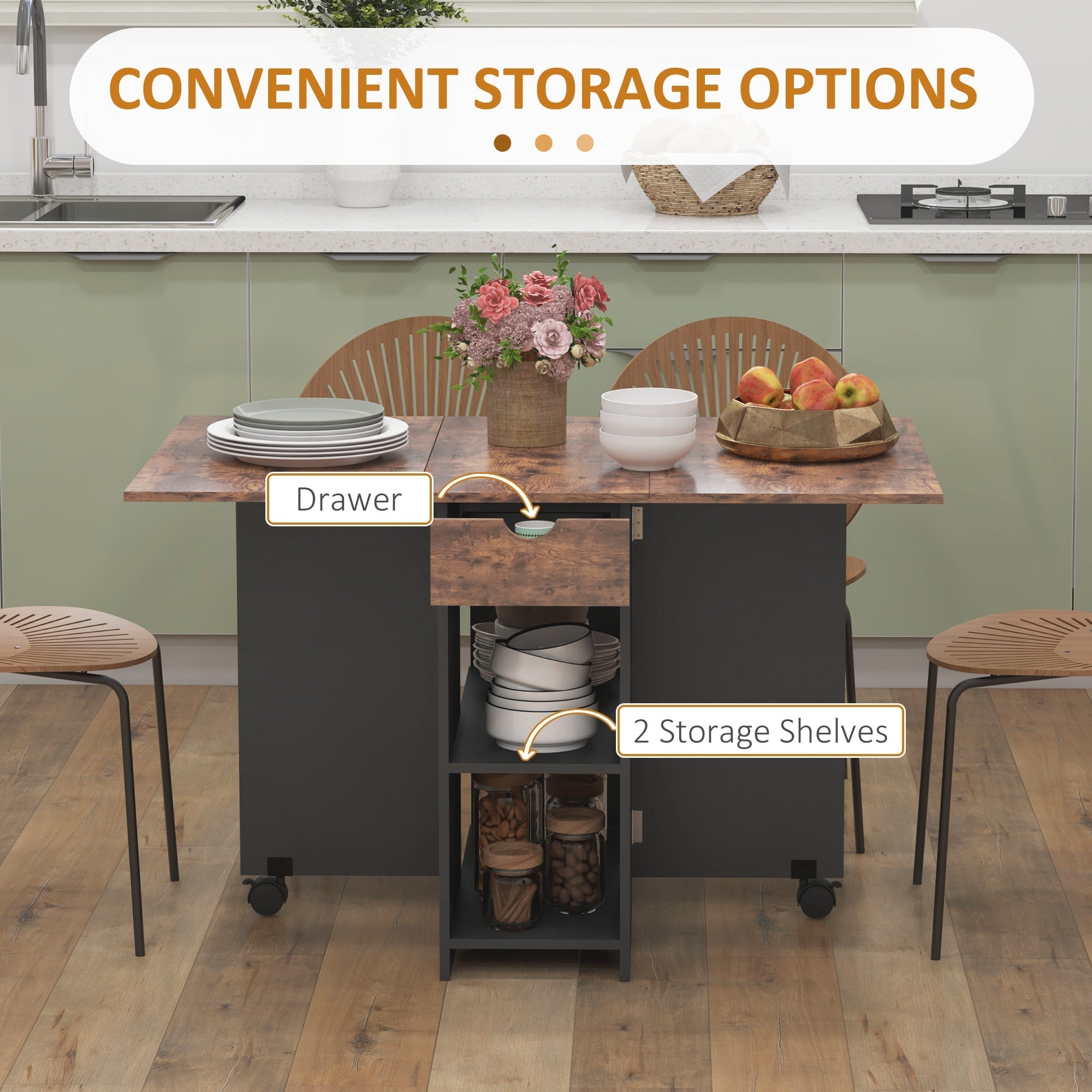 Dark gray kitchen cart with rustic wood top, drawer, and shelves on casters fits perfectly next to a 72w x 75hcm drop leaf table