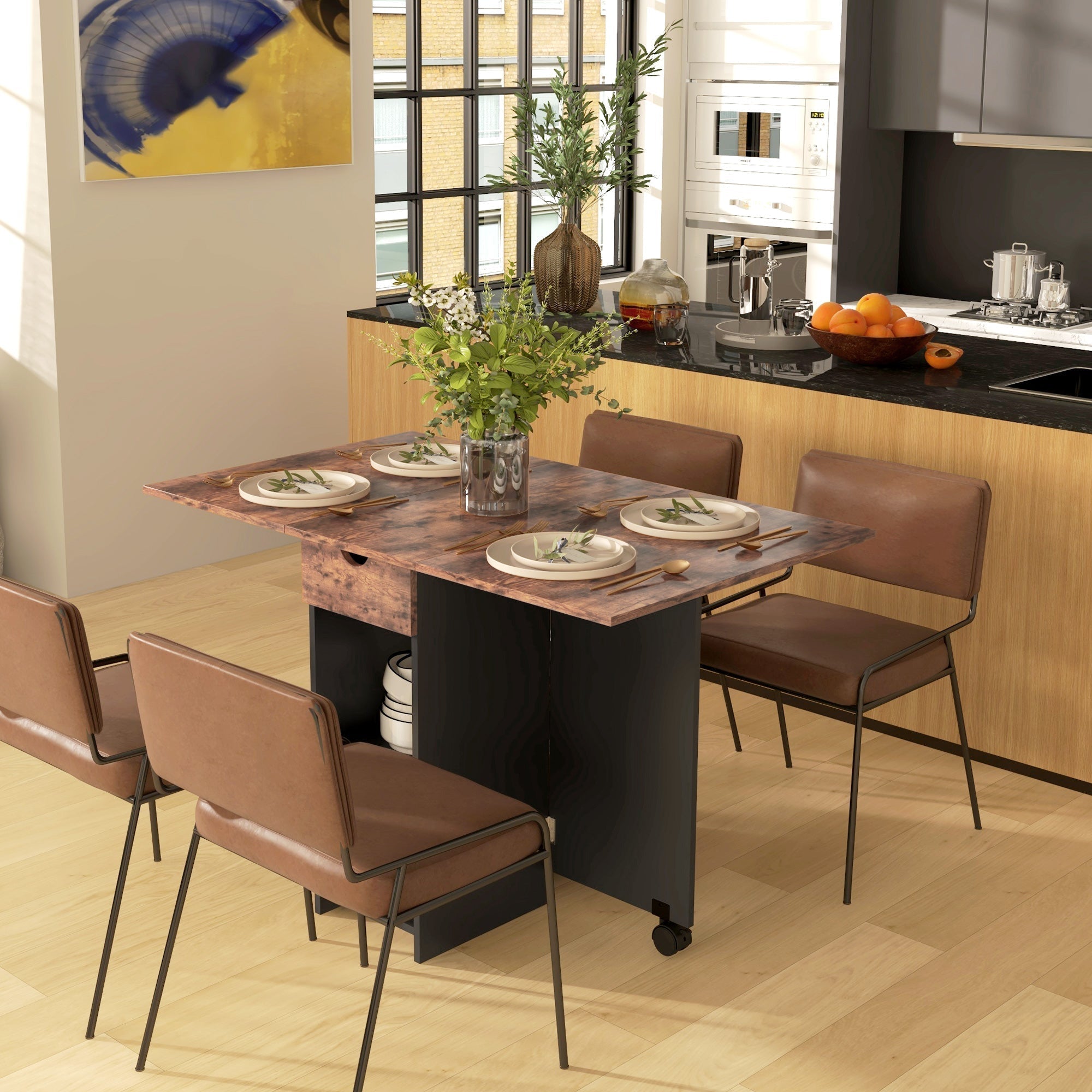 Rustic copper-finished homcom folding drop leaf table with black metal legs and storage drawers 72w x 75hcm