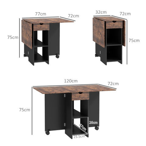 Black and brown rustic drop leaf table with wheels 72w x 75hcm foldable with drawer and storage shelves