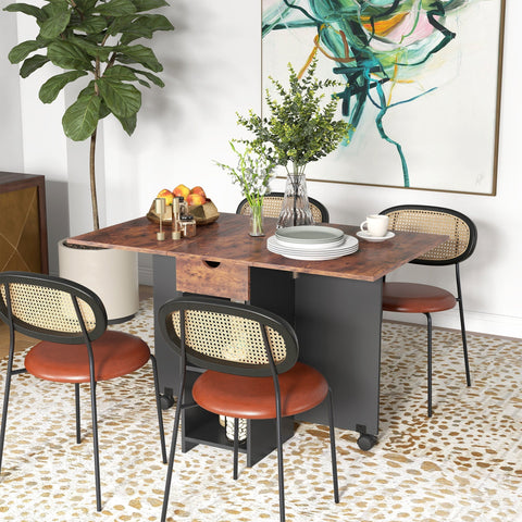 Rustic brown homcom drop leaf table with wood top black metal frame and caster wheels 72w x 75hcm for small spaces