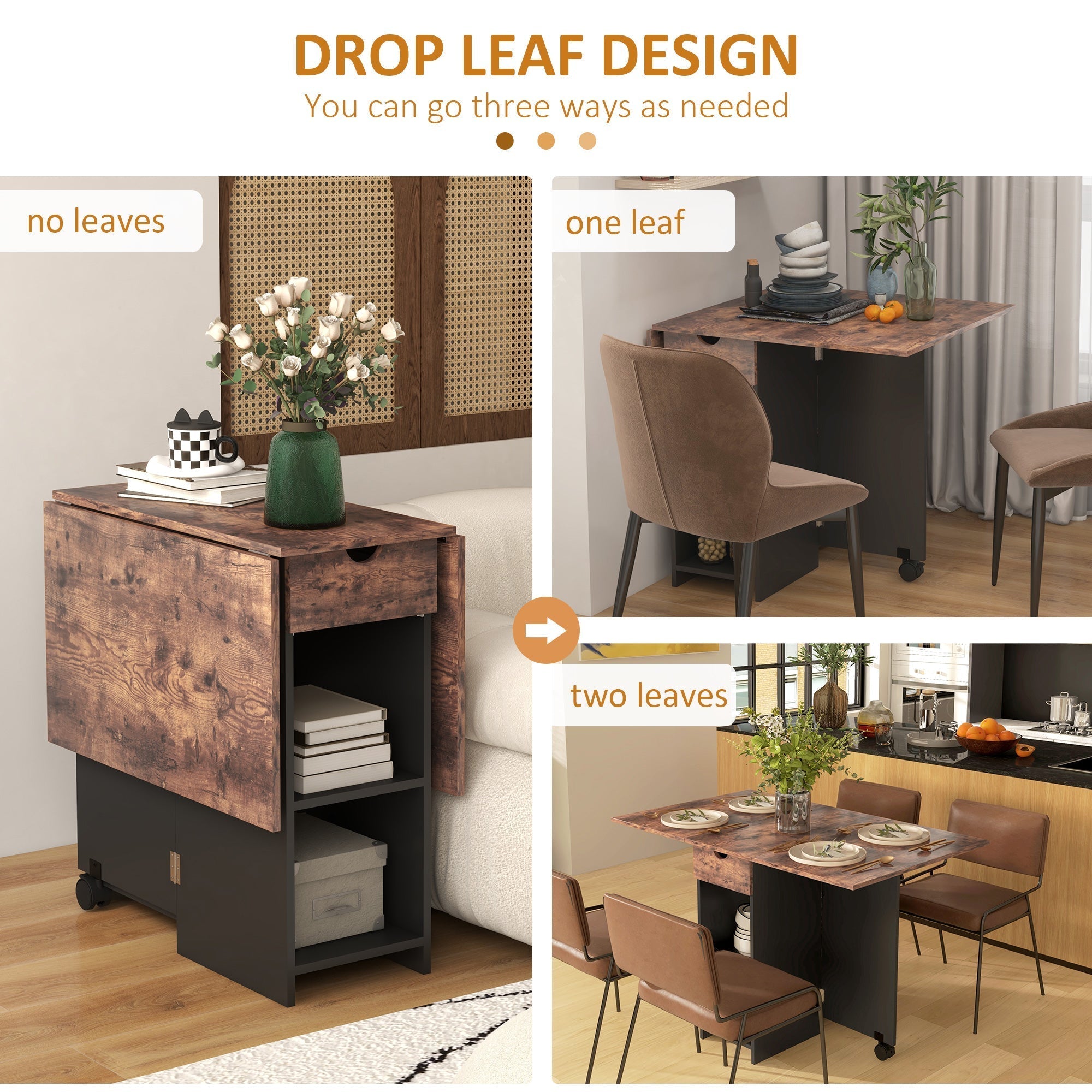 Rustic brown homcom drop leaf table with black base wheels 72w x 75hcm foldable dining table with storage shelves