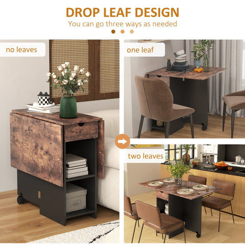 Rustic brown homcom drop leaf table with black base wheels 72w x 75hcm foldable dining table with storage shelves