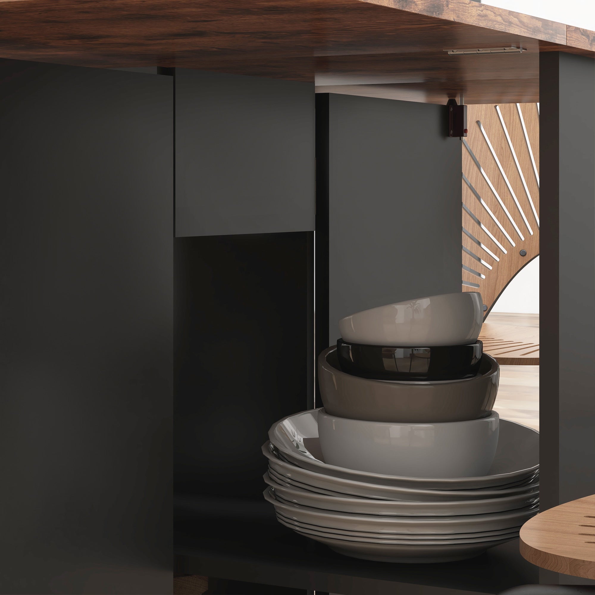 Stack of modern ceramic bowls and plates under rustic brown homcom 72w x 75hcm drop leaf drop leaf table