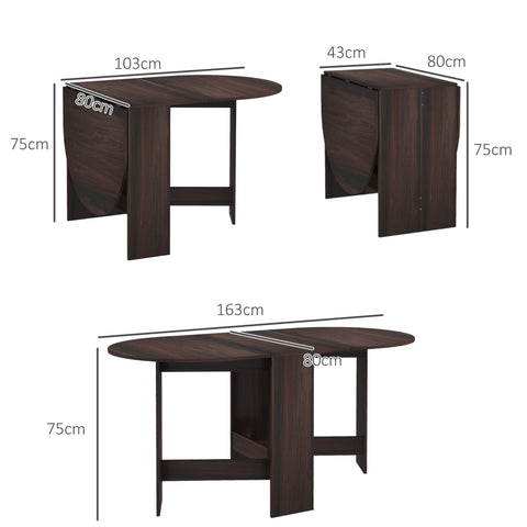 Dark brown wooden foldable drop leaf table with oval top and sturdy legs perfect for small spaces 80d x 75h