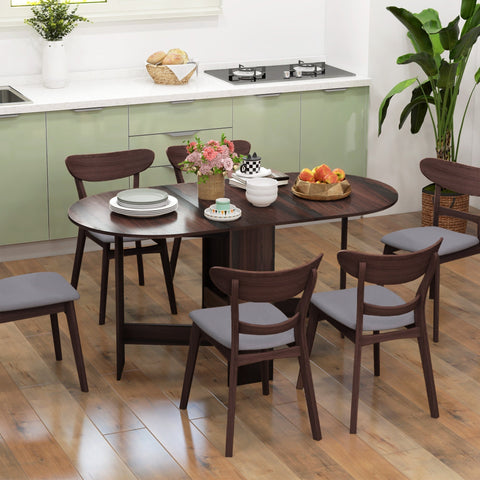 Dark wood oval homcom folding dining drop leaf table with pedestal base and four gray upholstered chairs 80d x 75h