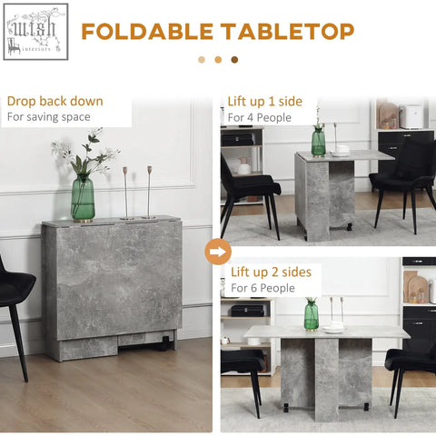 Homcom folding dining table in cement grey concrete texture shown compact and expanded with drop leaf design