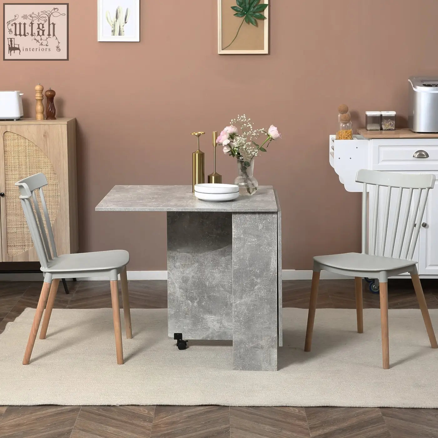 Gray concrete textured folding dining table with wooden legs and black caster wheels by HOMCOM for small spaces