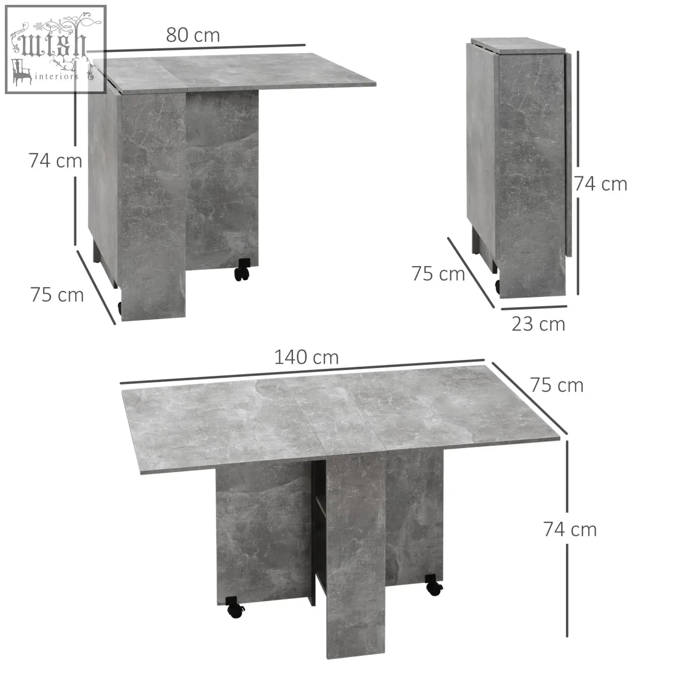 Gray concrete-textured foldable dining table with drop leaf and black caster wheels for small spaces kitchen use