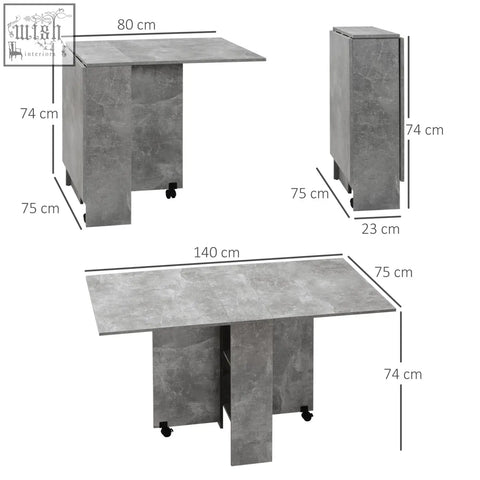 Gray concrete-textured foldable dining table with drop leaf and black caster wheels for small spaces kitchen use