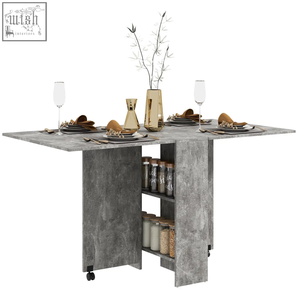 Gray concrete textured folding dining table with drop leaf 2 tier shelves and black caster wheels for small spaces