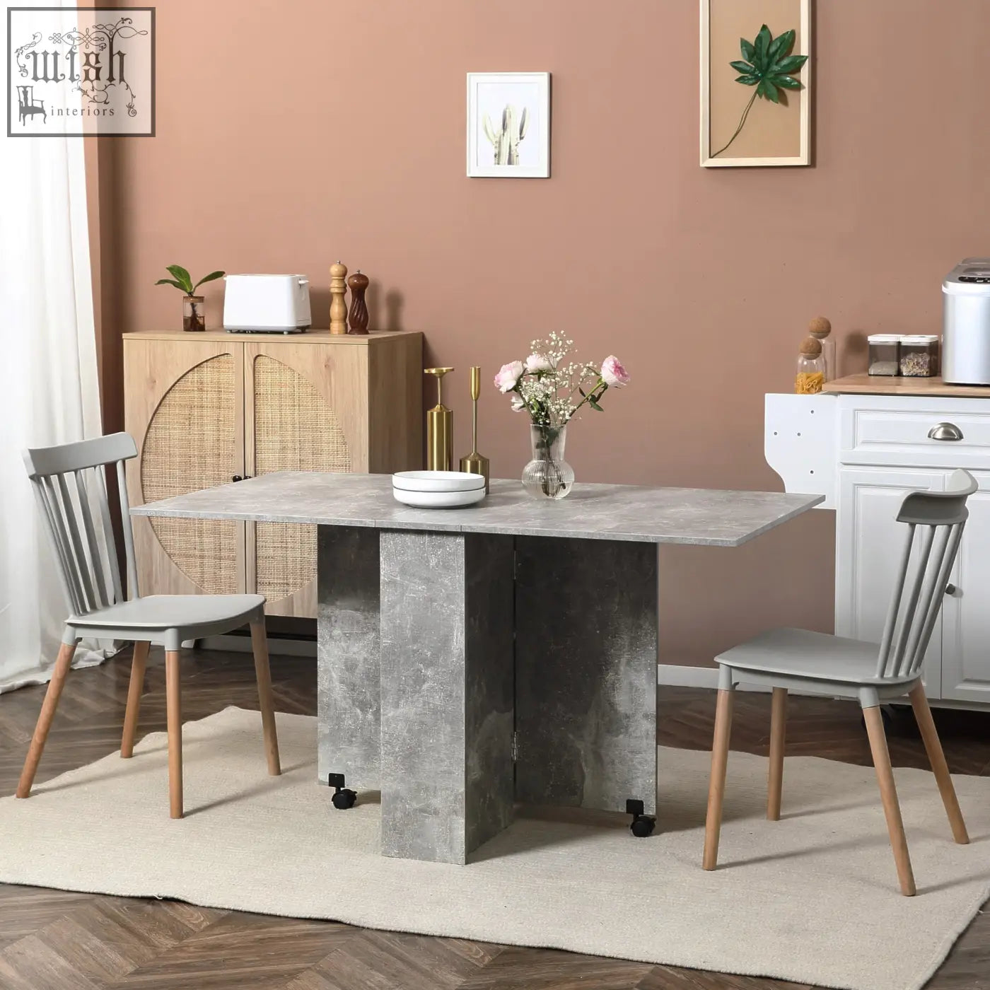 Homcom cement grey concrete textured folding dining table with drop leaf and black caster wheels for small spaces