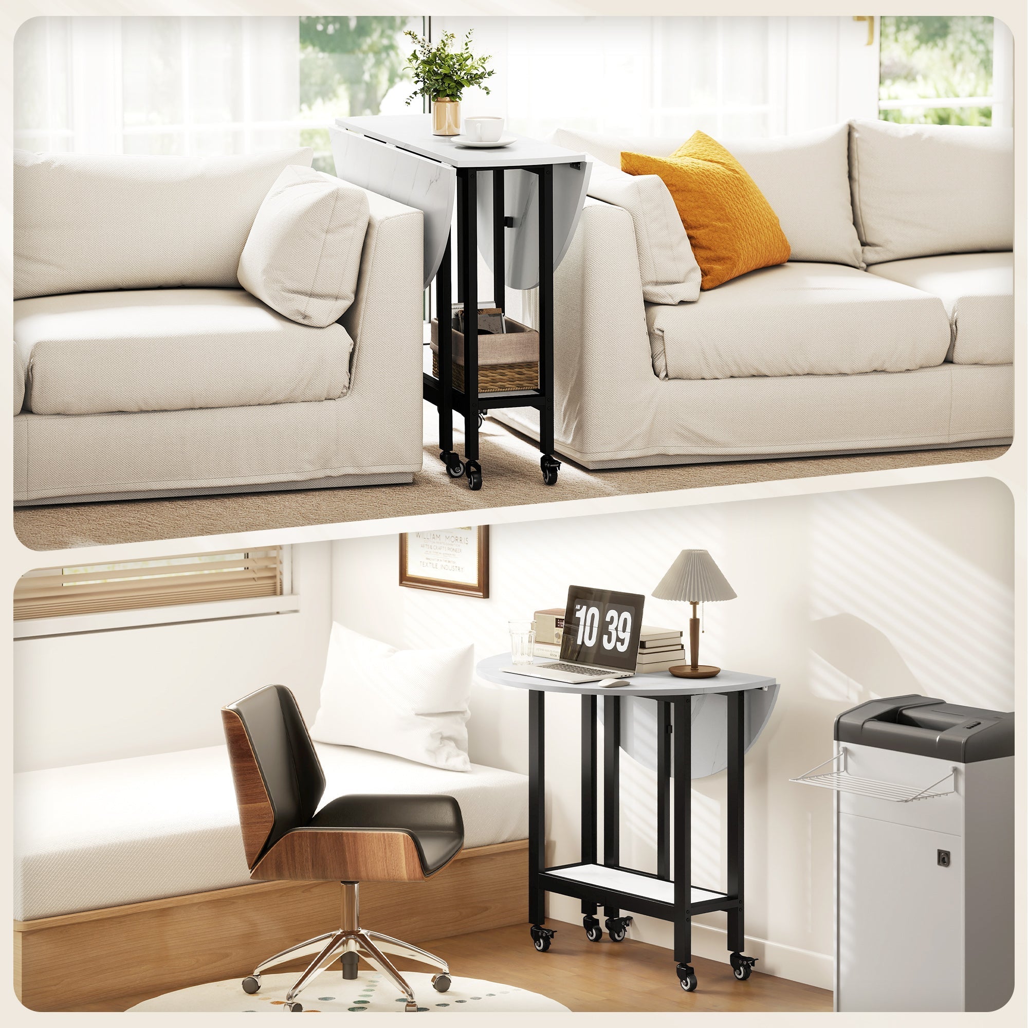 Black metal folding dining table with white marble tabletop and wheels for small spaces and dining room use