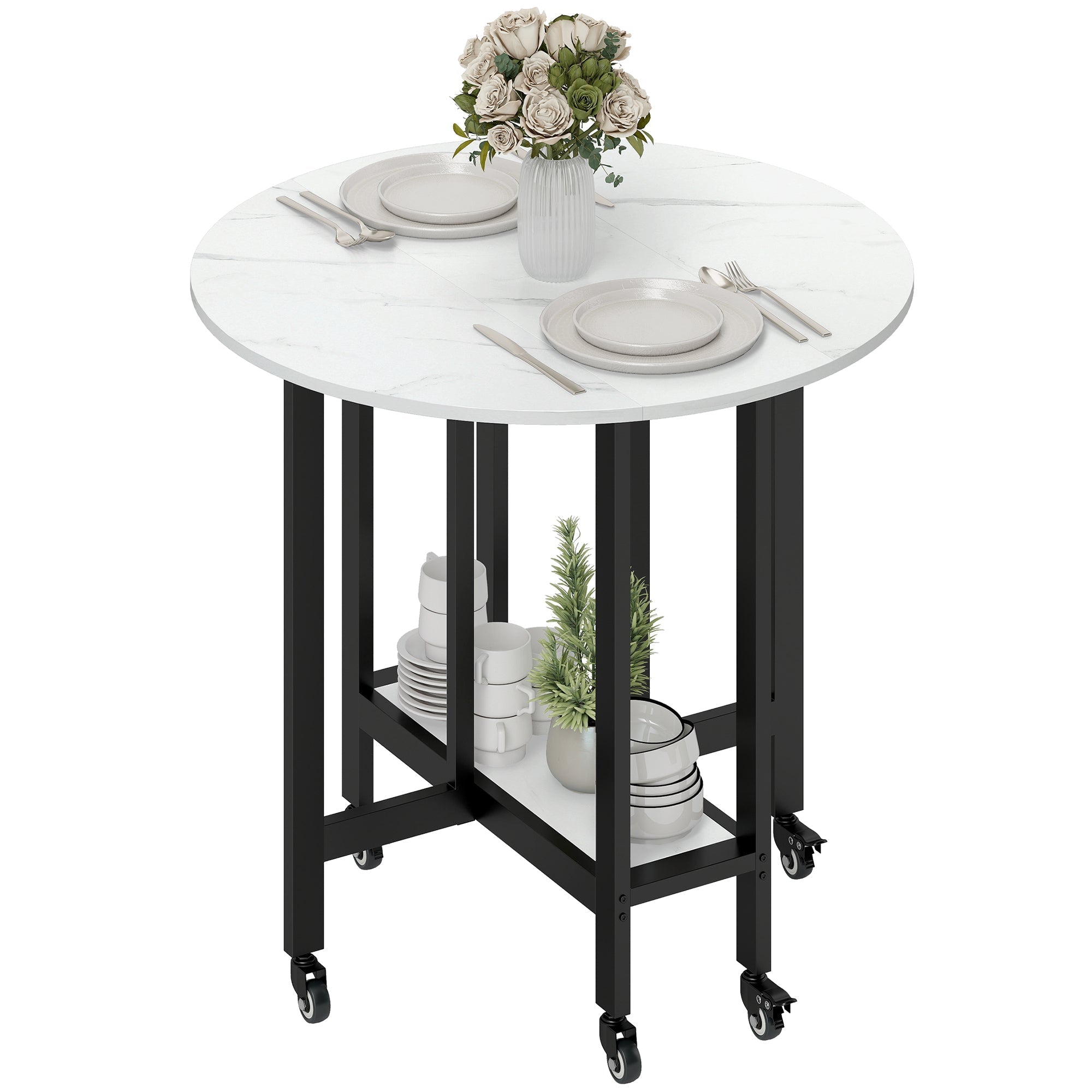 White marble folding dining table with black metal legs and wheels ideal for small spaces and dining rooms