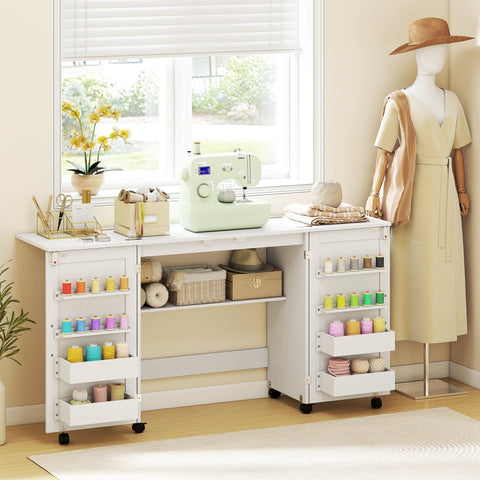 White homcom folding sewing table with built-in storage shelves holding an off-white electric sewing machine