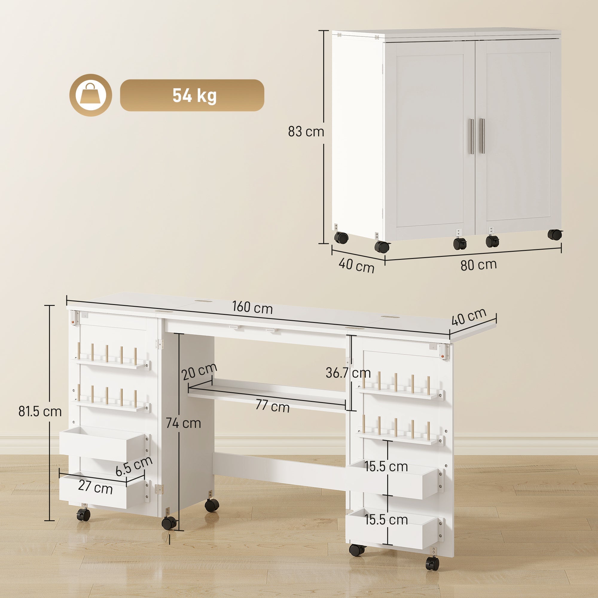 White homcom folding sewing table with storage cabinets drawers magnetic doors and lockable wheels for space saving