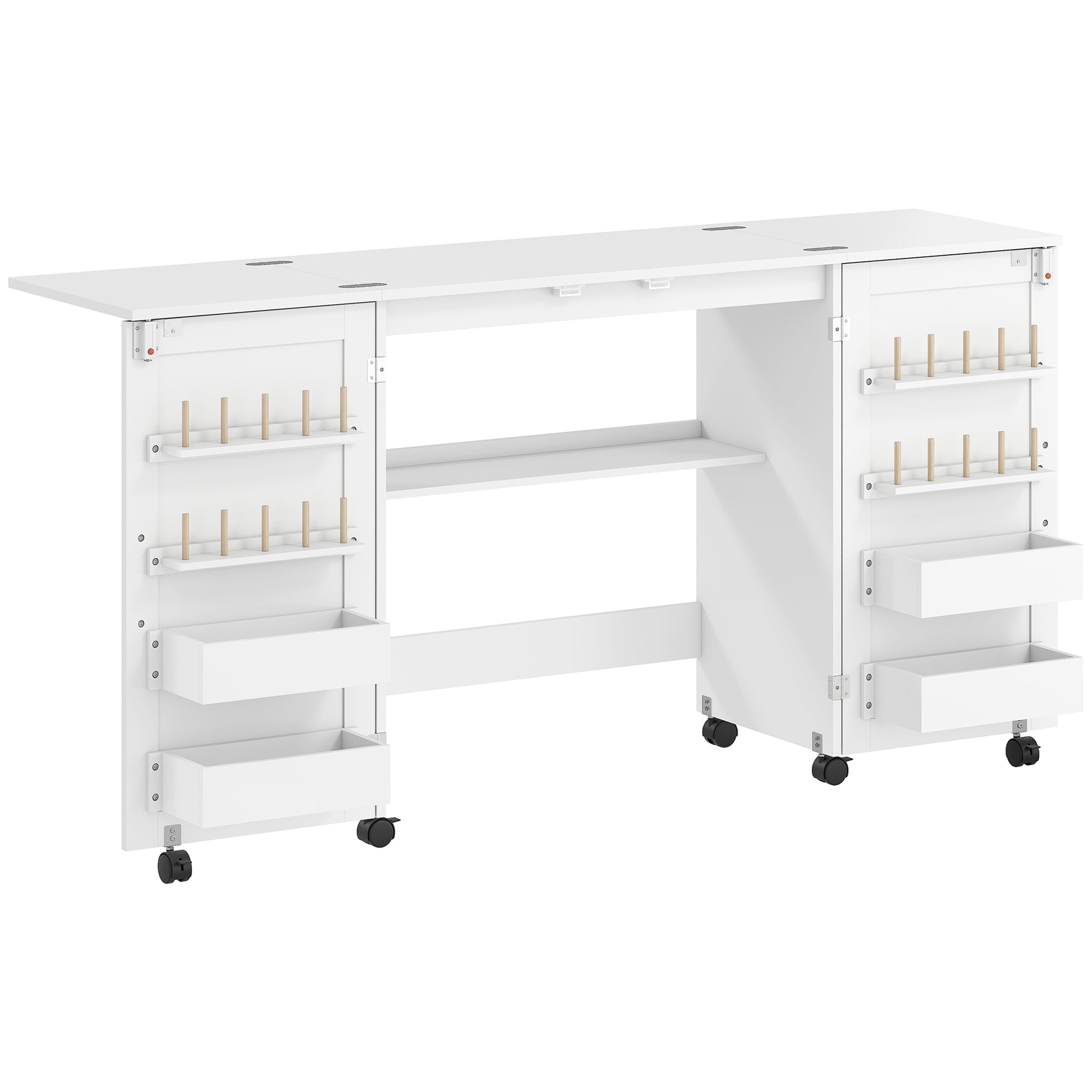 White homcom folding sewing table with storage compartments wooden pegs lockable wheels space saving design