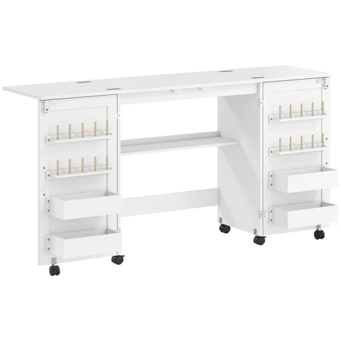 White homcom folding sewing table with storage compartments wooden pegs lockable wheels space saving design