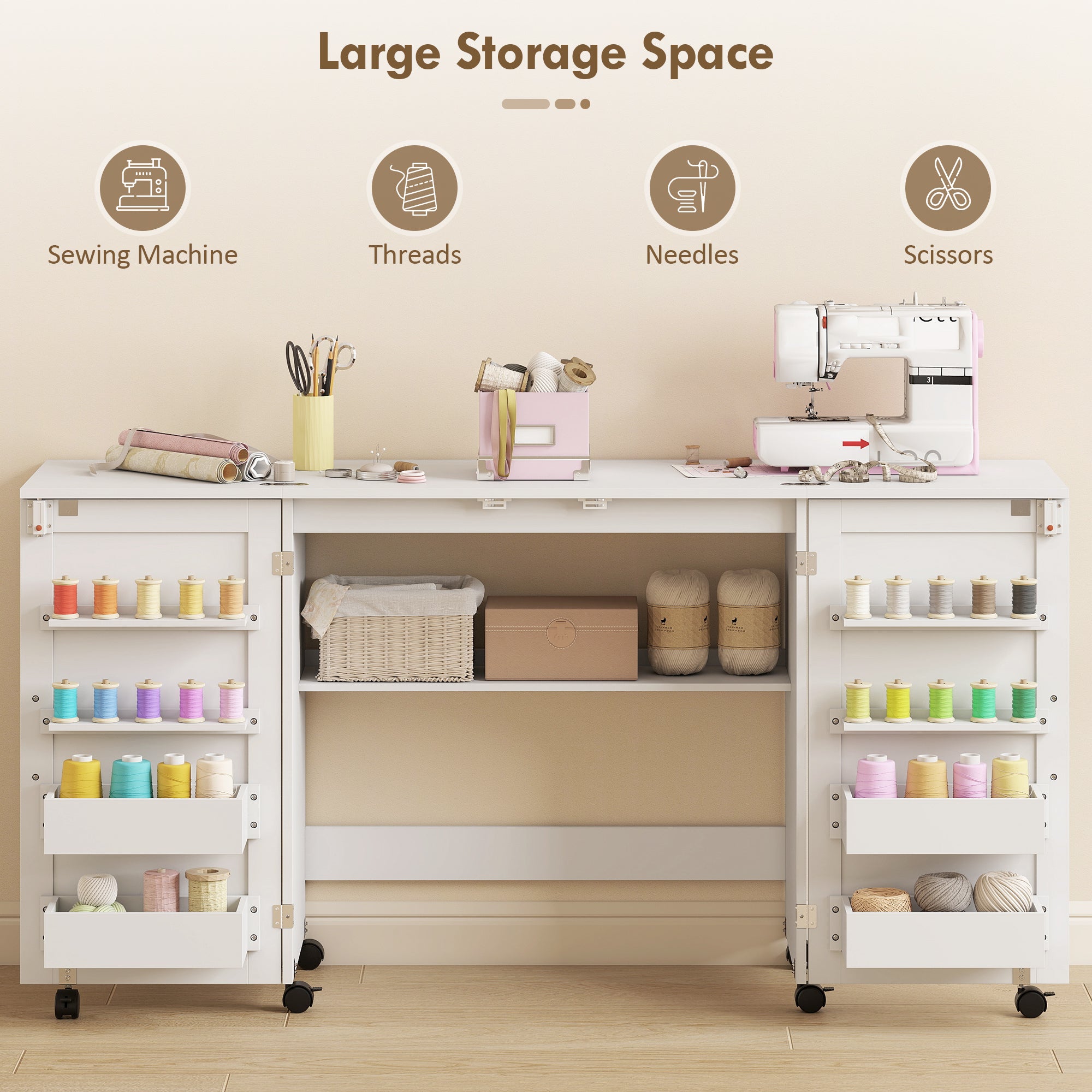 White homcom folding sewing table with lockable wheels and shelves holding colorful thread and a pink sewing machine