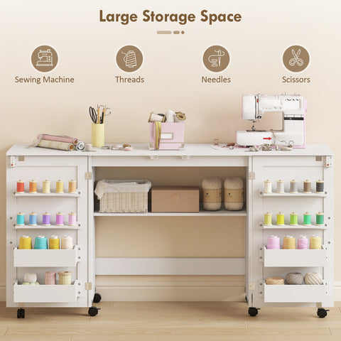 White homcom folding sewing table with lockable wheels and shelves holding colorful thread and a pink sewing machine