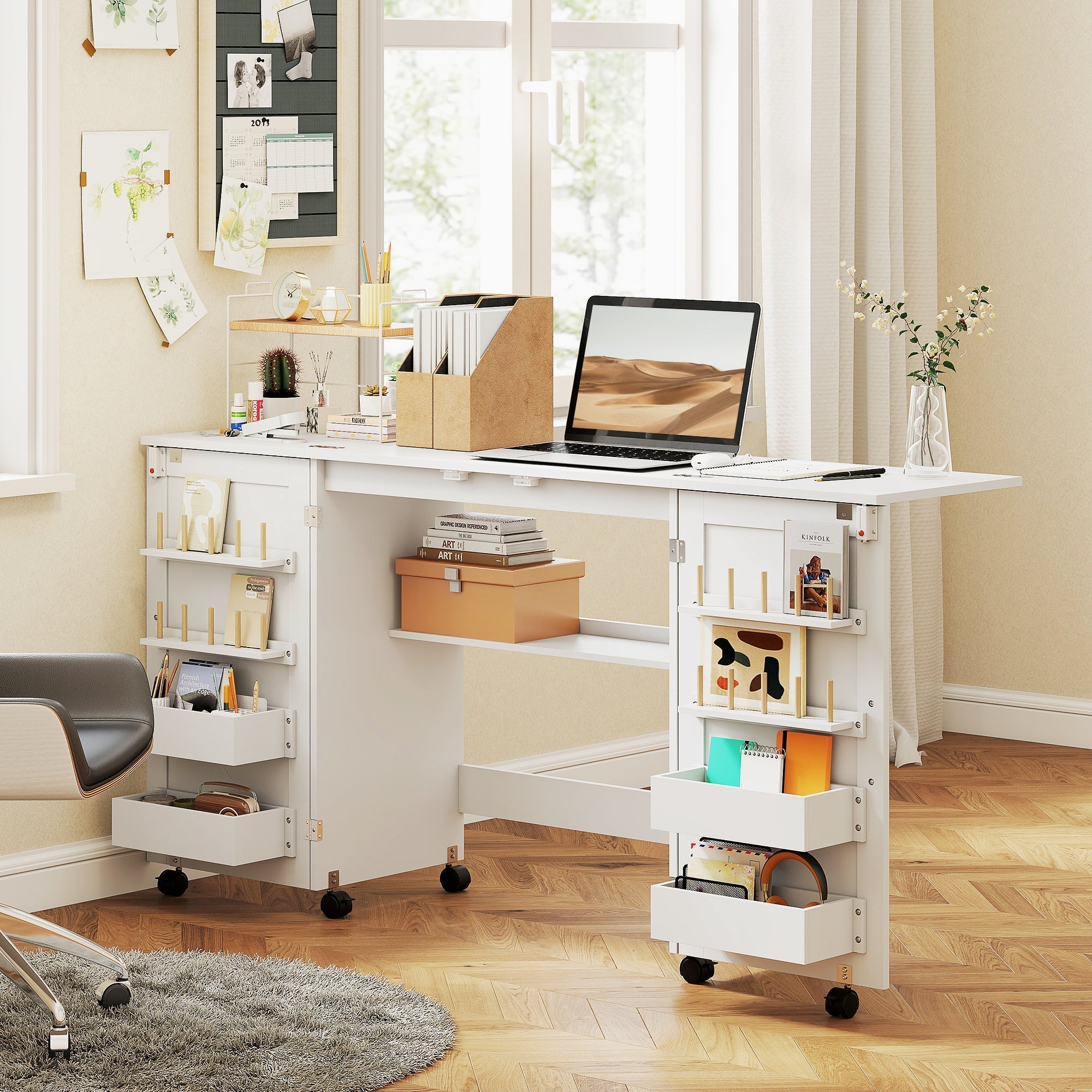 White homcom folding sewing table with rolling casters magnetic doors and built-in storage shelves for sewing use