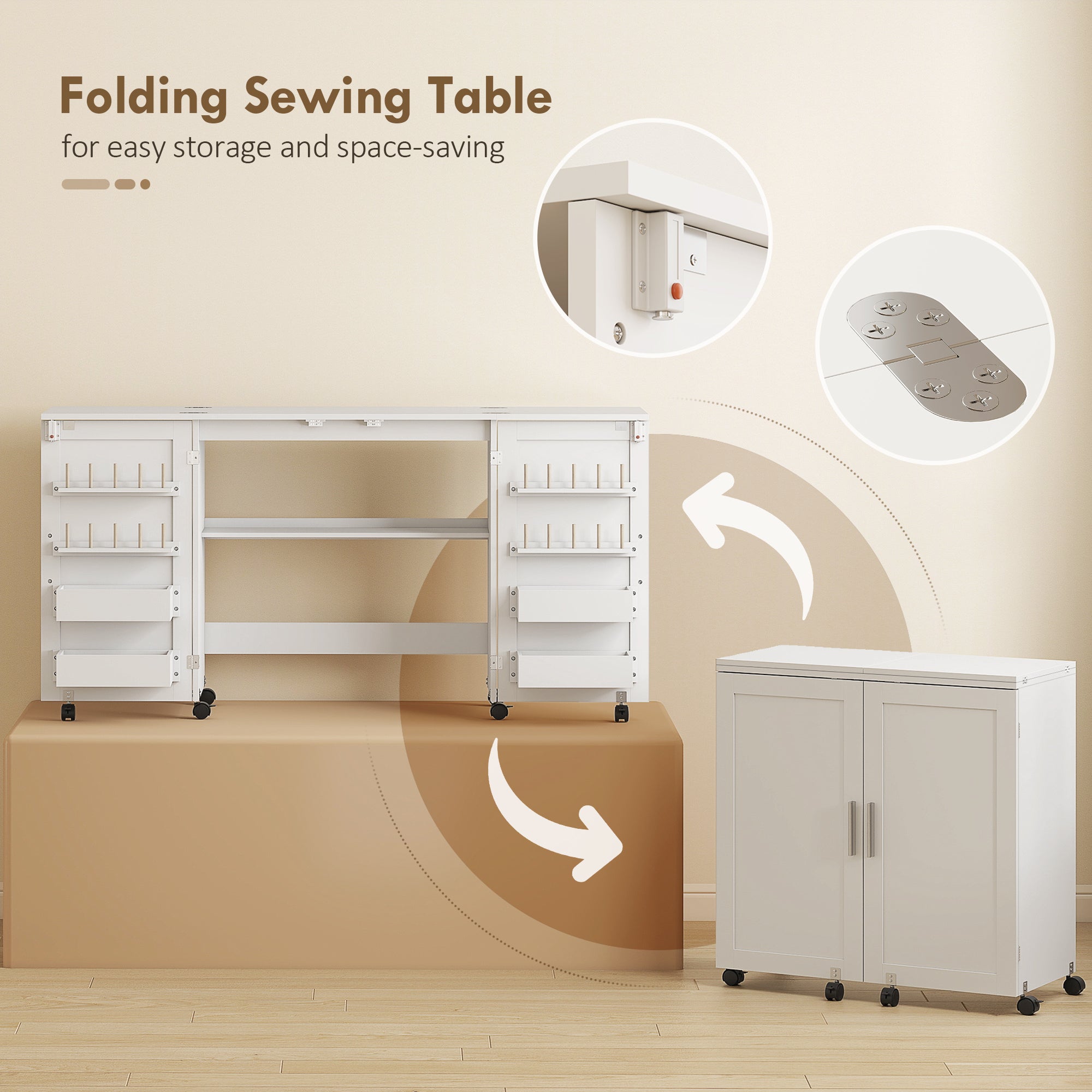 White folding sewing table with storage compartments and lockable casters by homcom folding sewing table