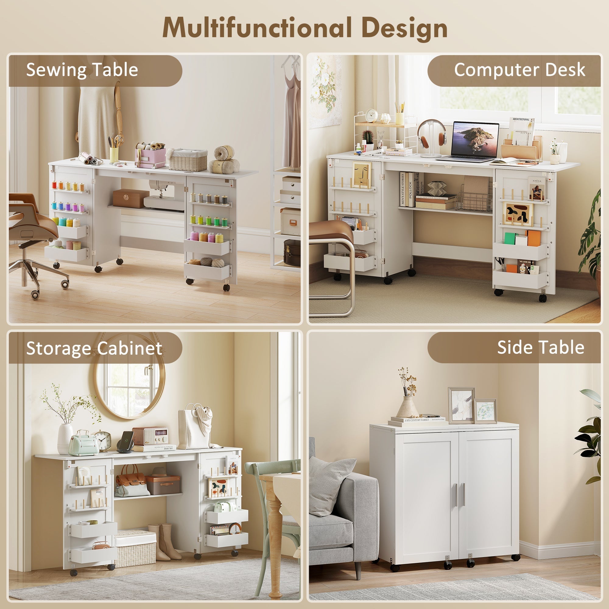 White homcom folding sewing table with adjustable shelves, magnetic doors, lockable wheels, and space saving design