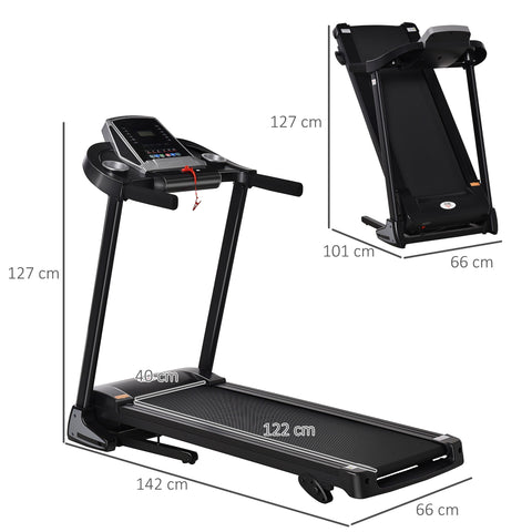 Black folding treadmill with led screen digital display textured running belt two wheels for home gym fitness