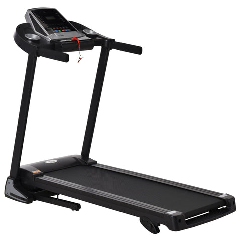 Black homcom folding treadmill with led screen, textured running belt, manual incline, and two wheels for easy move