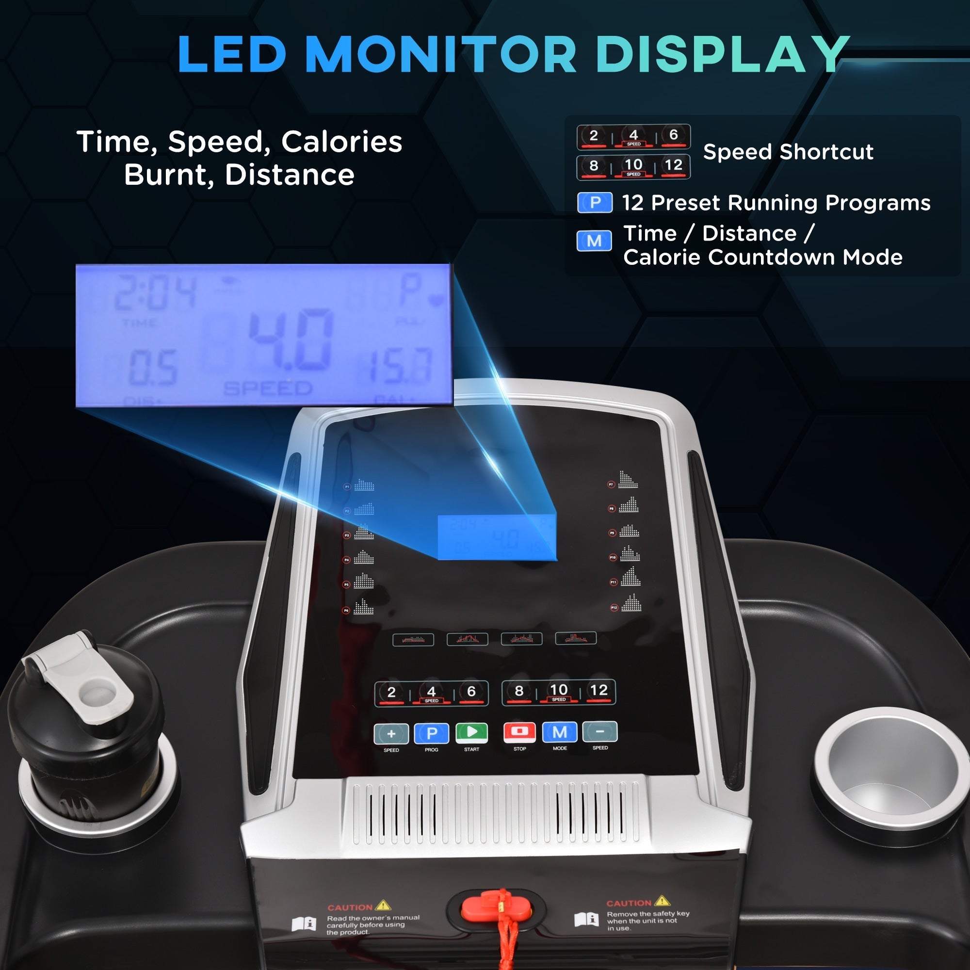 Silver and black led screen on homcom folding treadmill showing speed time calories distance and preset programs with two wheels