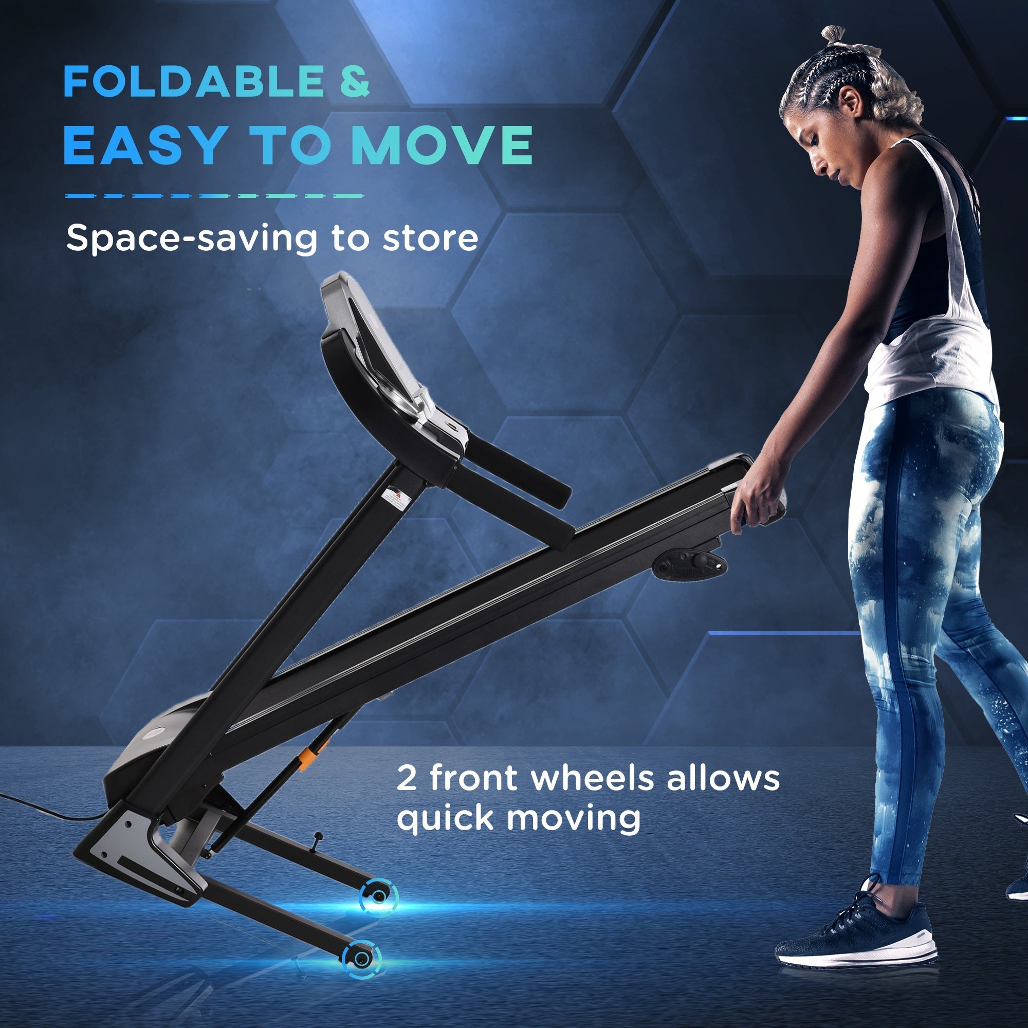 Black homcom folding treadmill with two wheels and led screen measures 66w x 127h for easy home workouts