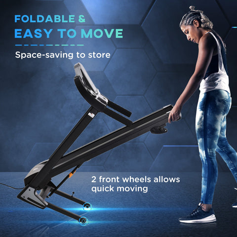 Black homcom folding treadmill with two wheels and led screen measures 66w x 127h for easy home workouts