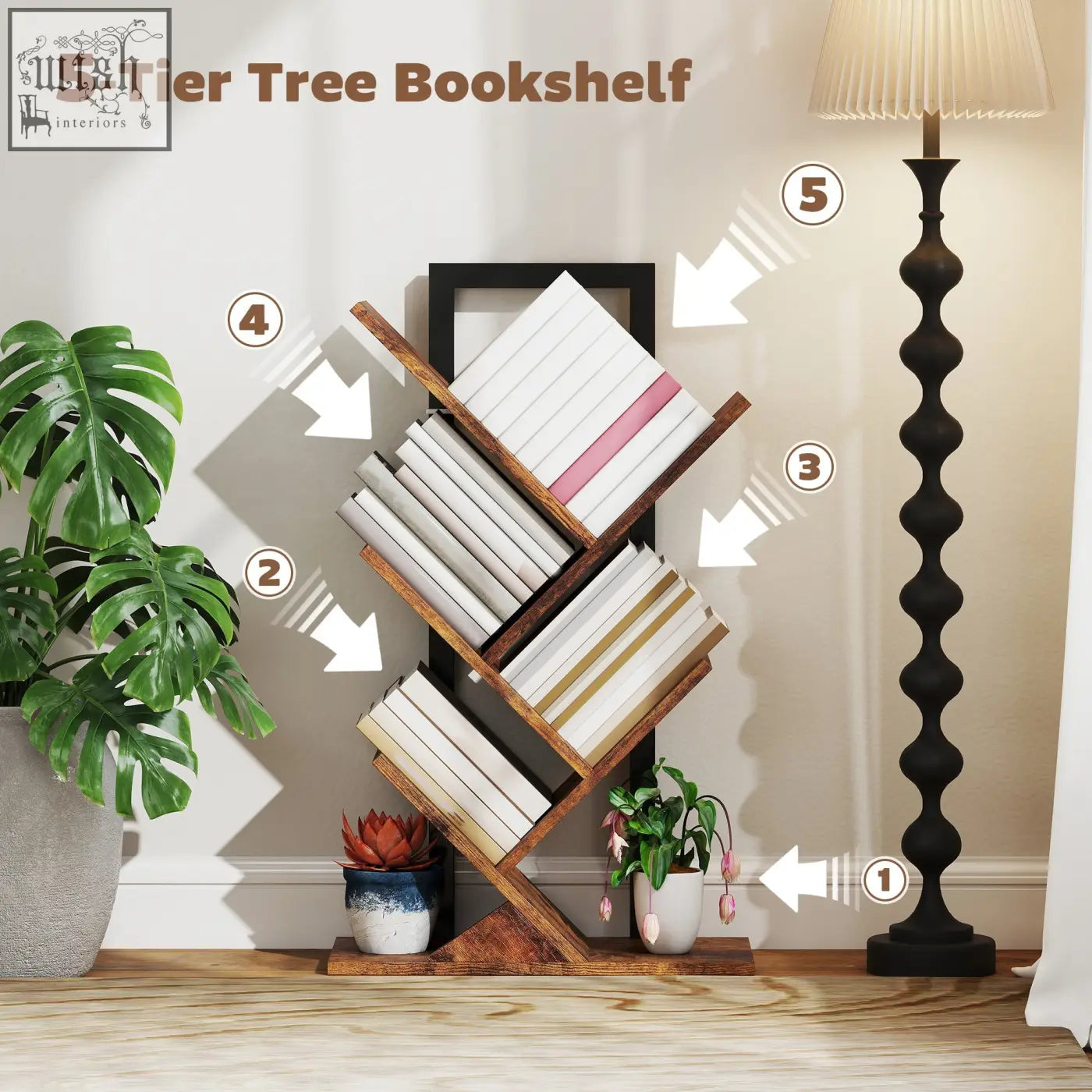 Homcom four-section tree bookcase features a five-tier rustic design with dark brown robust particle board shelves
