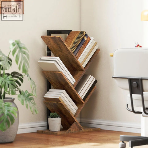 Rustic four-section tree bookcase with dark brown robust particle board and angled shelves holding books